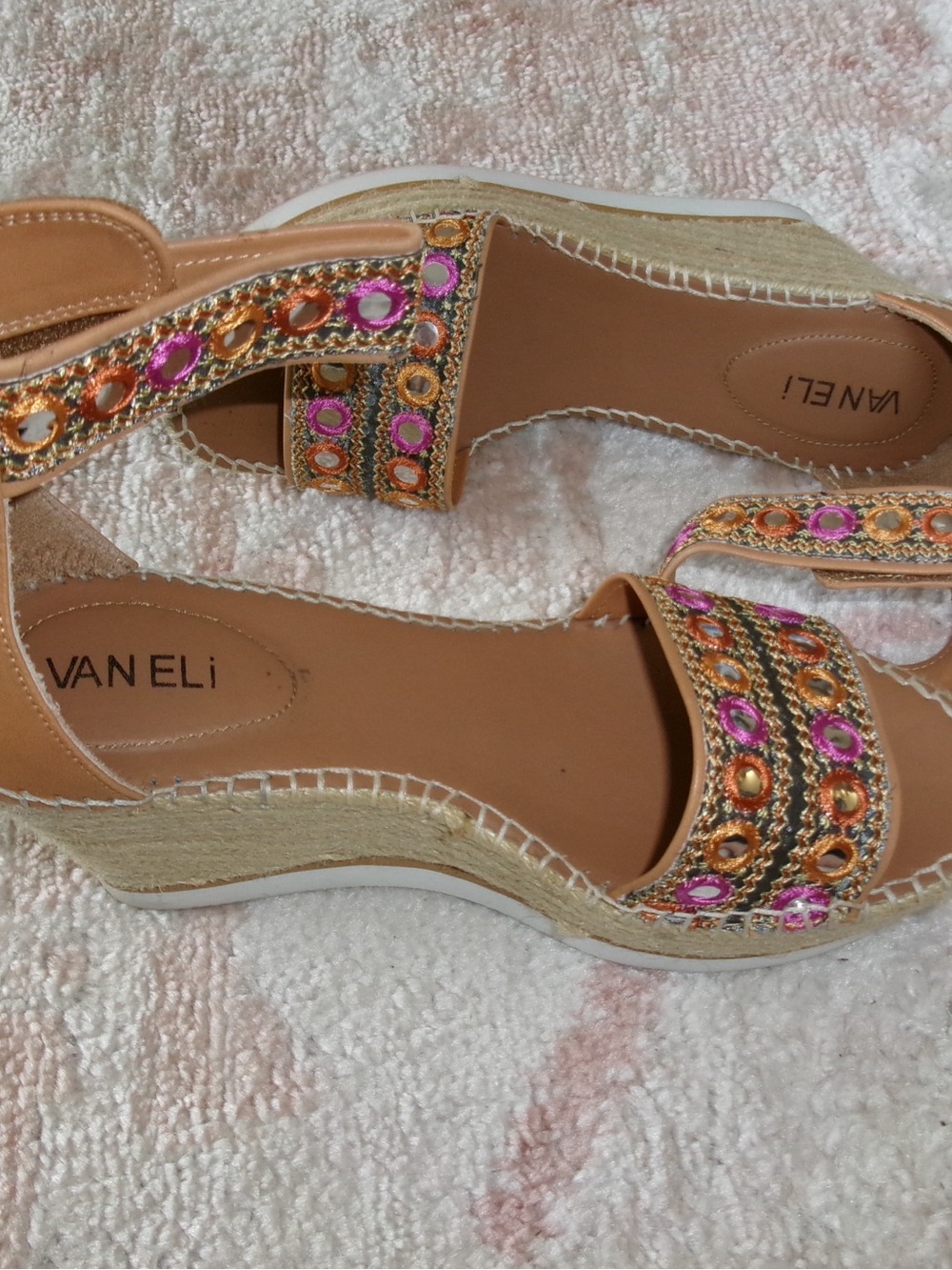 Vaneli Pink and Orange Beaded Espadrille Wedge Sandals